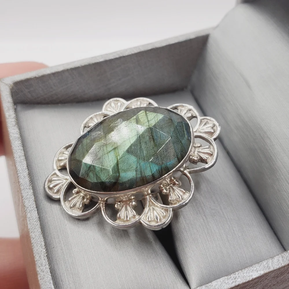 925 Sterling Silver Ring Blue Green Labradorite Ring Statement Ring Face…